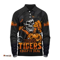 Amazing Aussie Wests Tigers Dark Moon Rugby Halloween Battle Edition Long Sleeve Polo Shirt