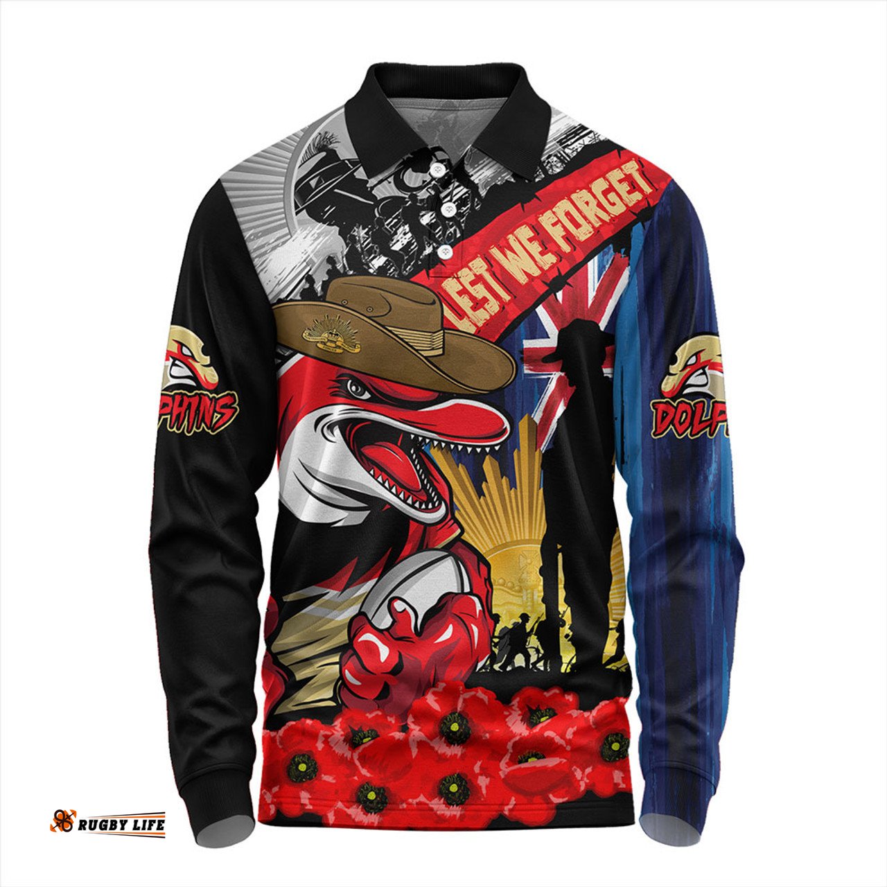 Amazing Aussie Redcliffe Dolphins United In Spirit Anzac Day Tribute Long Sleeve Polo Shirt
