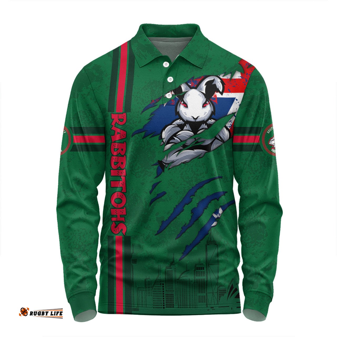 Amazing Aussie South Sydney Rabbitohs Happy Australia Day Flag Scratch Style Long Sleeve Polo Shirt