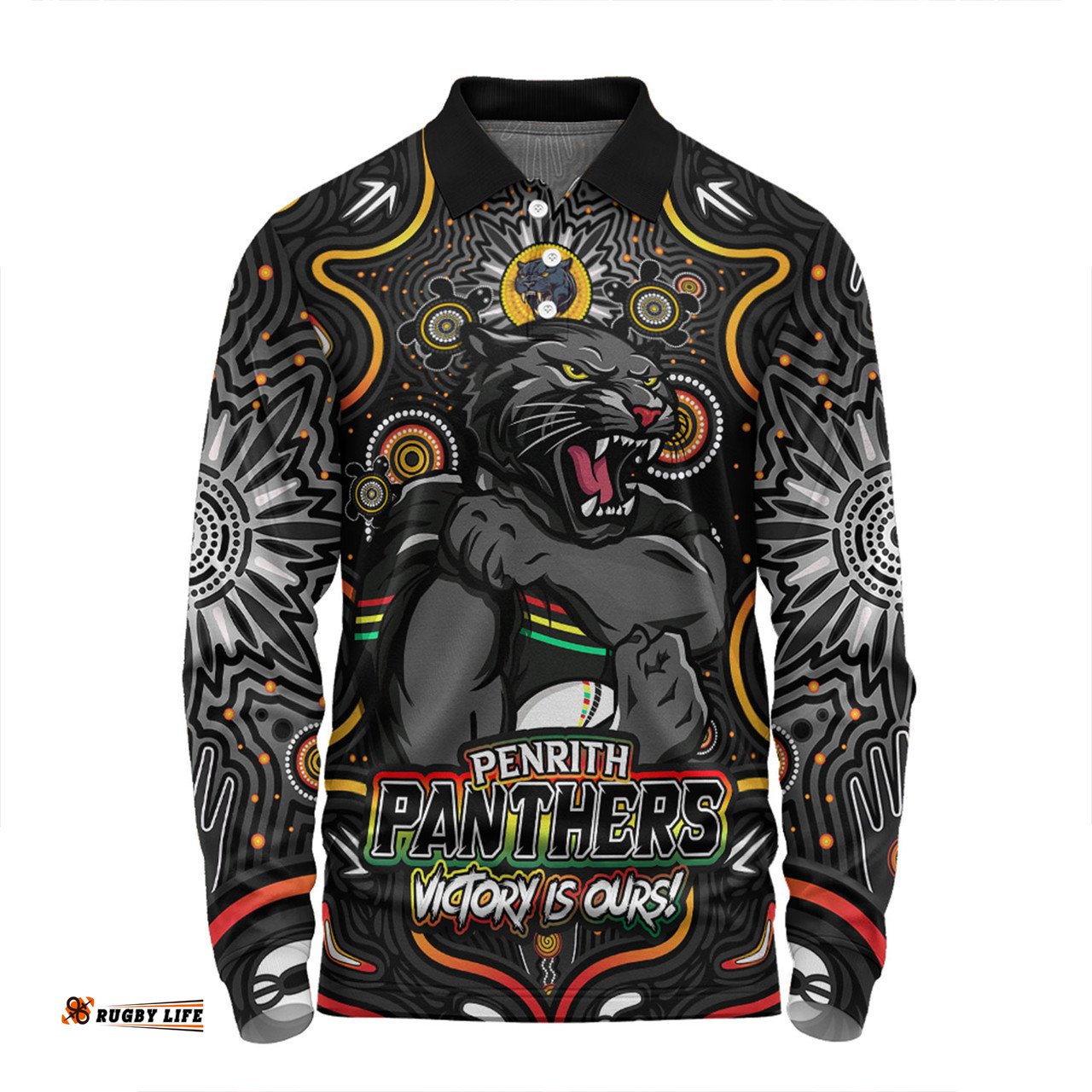 Amazing Aussie Penrith Panthers Aboriginal Pattern Inspired Victory Is Ours Long Sleeve Polo Shirt