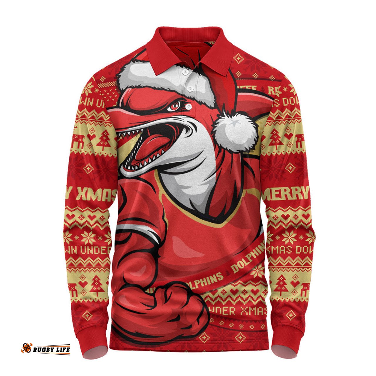 Amazing Aussie Redcliffe Dolphins Ugly Knit Style For Christmas Game Fans Long Sleeve Polo Shirt