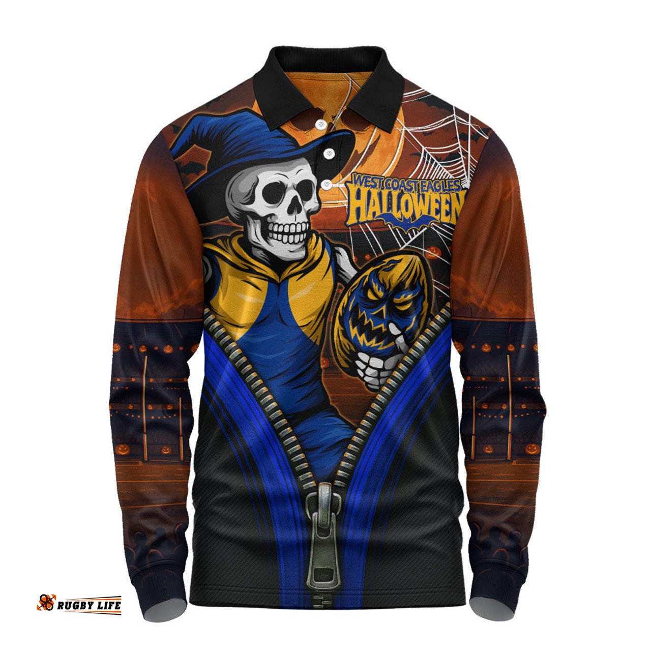 Amazing Aussie West Coast Eagles Halloween Night Reaper Zipper Long Sleeve Polo Shirt