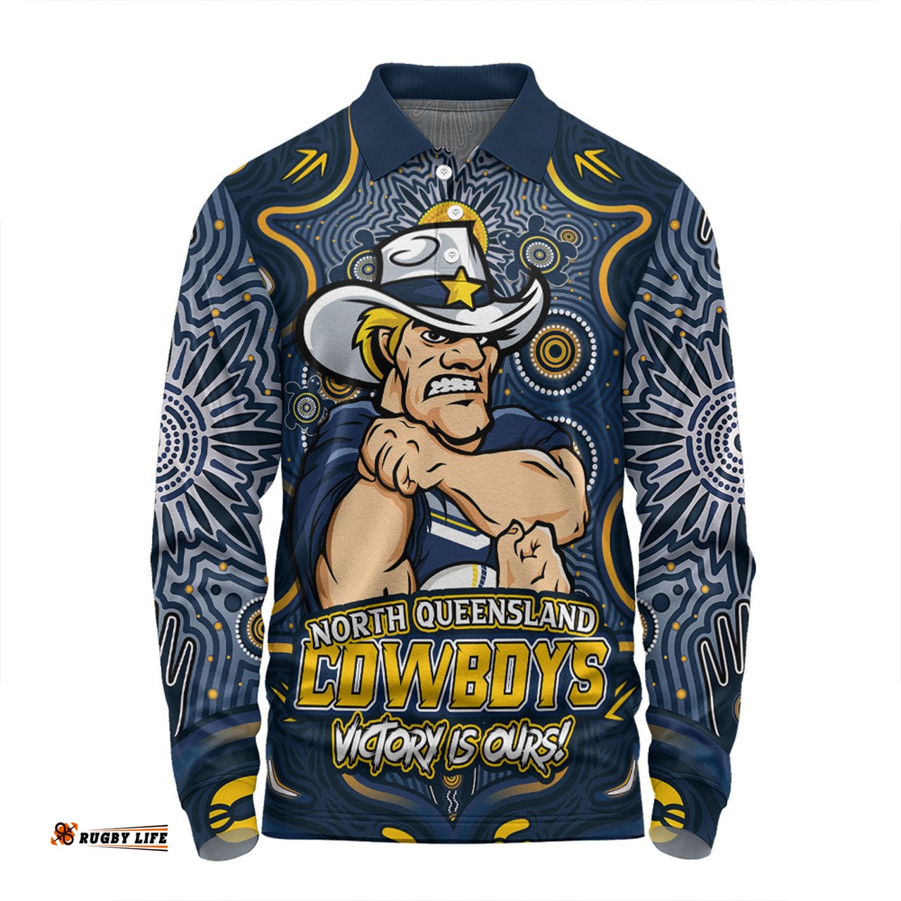 Amazing Aussie North Queensland Cowboys Aboriginal Pattern Inspired Victory Is Ours Long Sleeve Polo Shirt