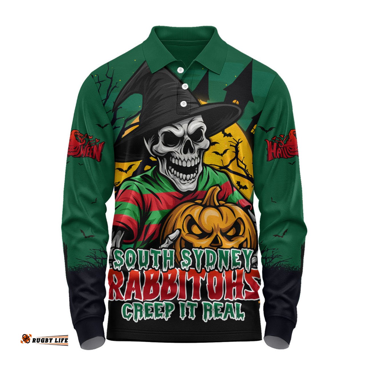 Amazing Aussie South Sydney Rabbitohs Dark Moon Rugby Halloween Battle Edition Long Sleeve Polo Shirt