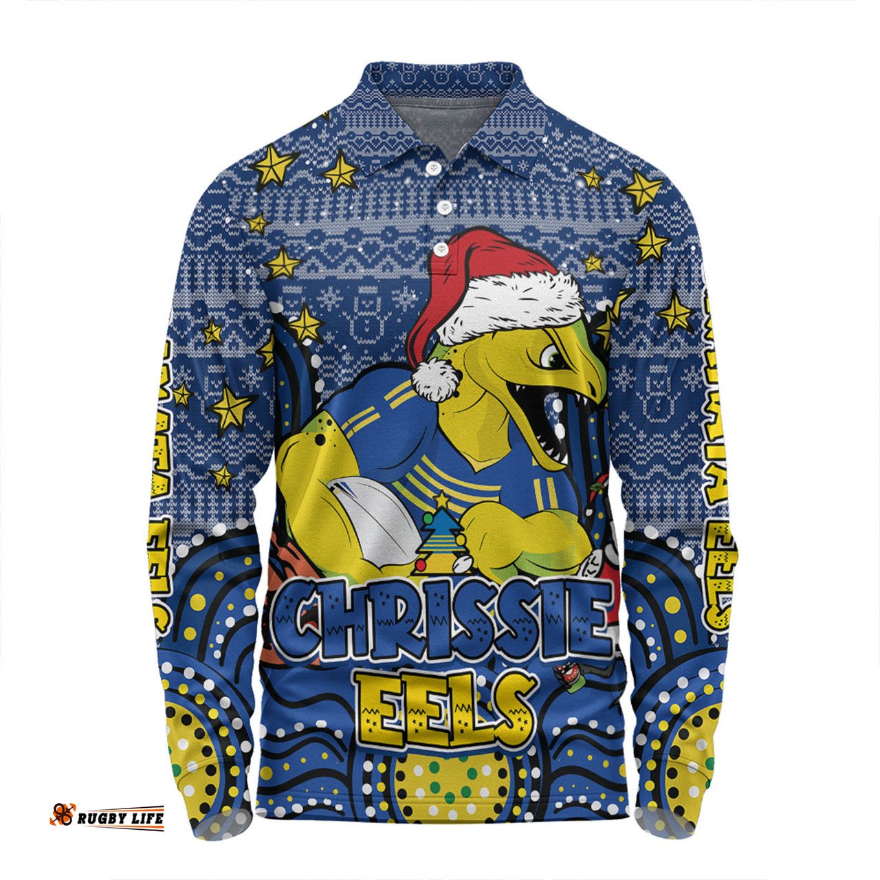 Amazing Aussie Parramatta Eels Christmas Custom Christmas Knit Patterns Vintage Jersey Ugly Long Sleeve Polo Shirt