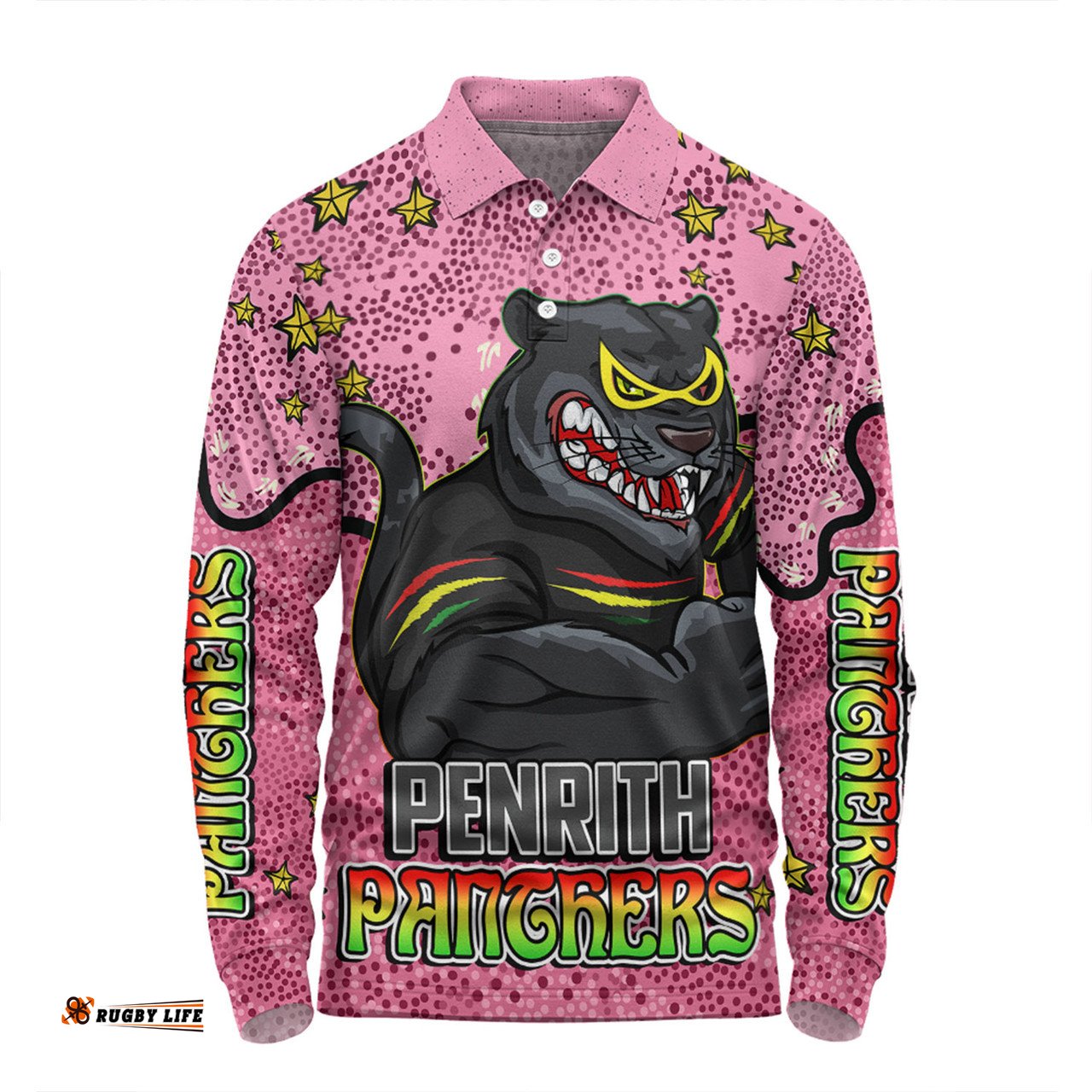 Amazing Aussie Penrith Panthers Custom Team With Dot And Star Patterns For Tough Fan Long Sleeve Polo Shirt