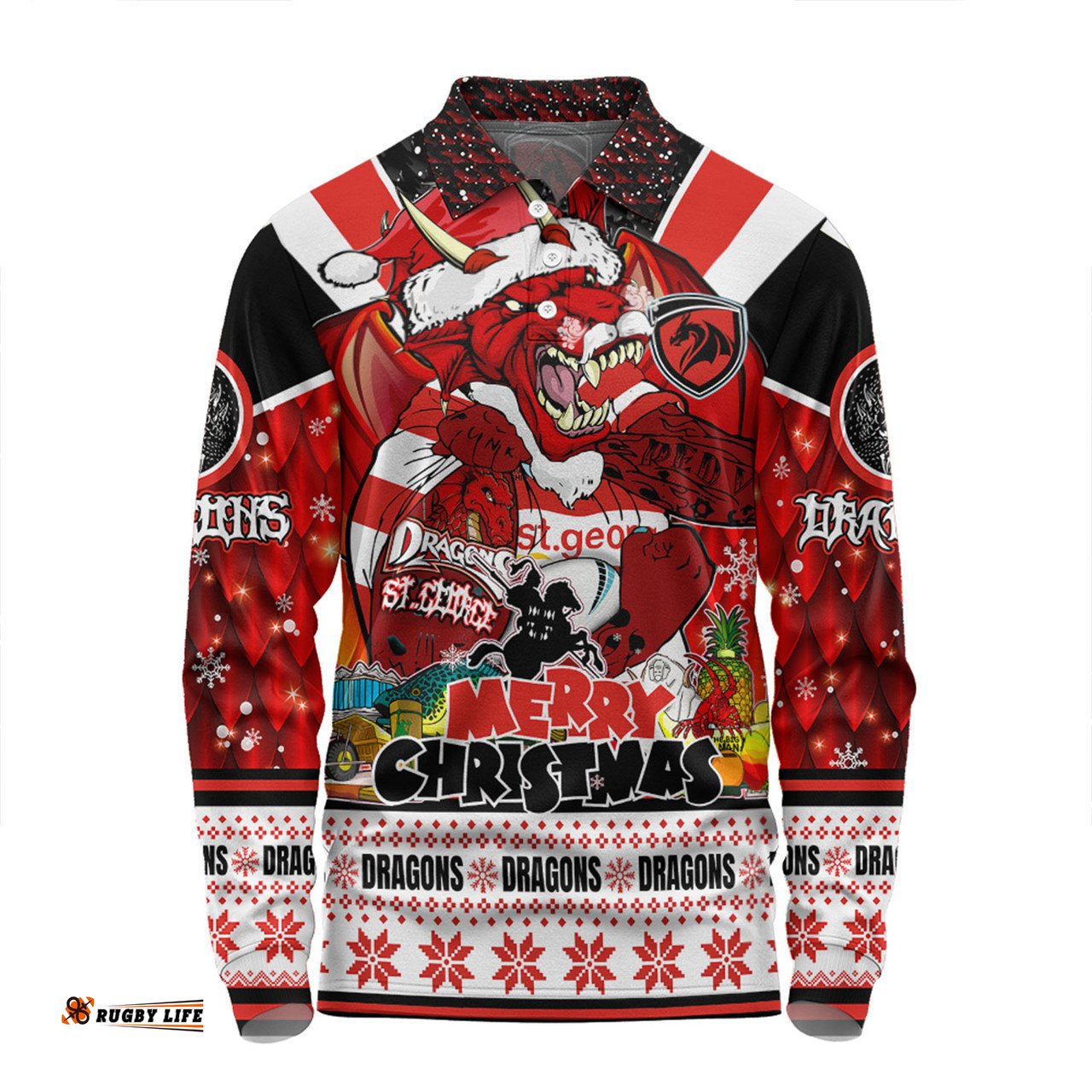 Amazing Aussie St. George Illawarra Dragons Christmas Custom Dragons Santa Aussie Big Things Long Sleeve Polo Shirt