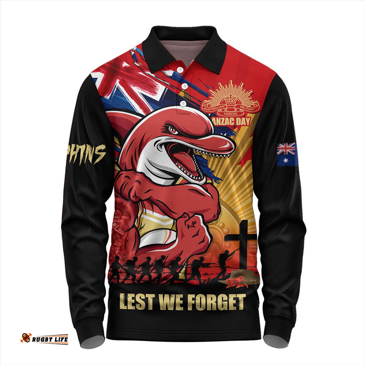 Amazing Aussie Redcliffe Dolphins Fearless ANZAC Defender Long Sleeve Polo Shirt