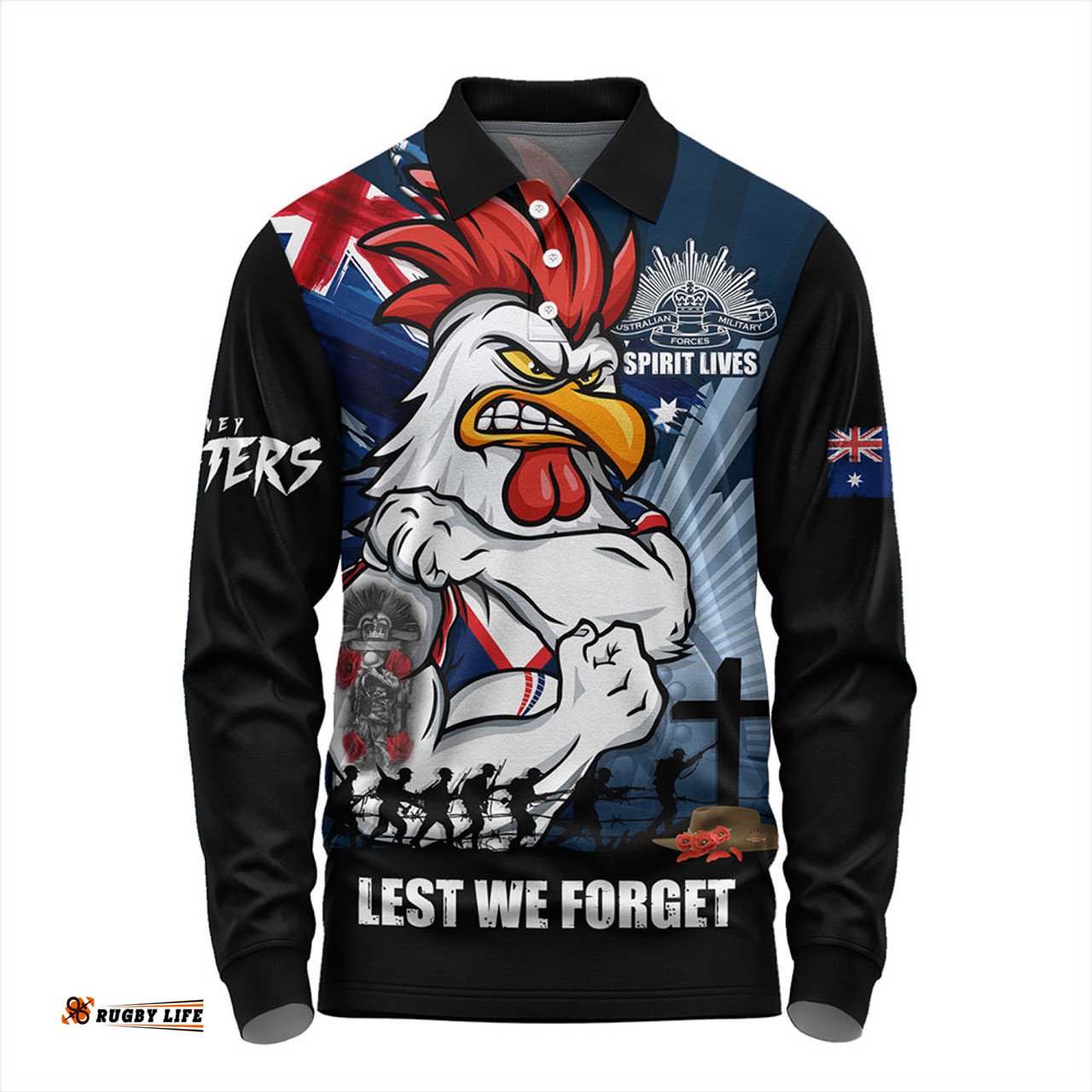 Amazing Aussie Sydney Roosters Fearless ANZAC Defender Long Sleeve Polo Shirt