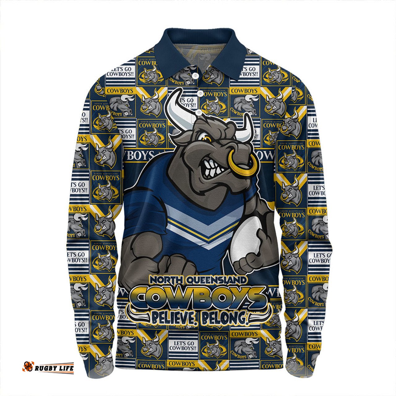 Amazing Aussie North Queensland Cowboys Champion’s Pride Comic Style Long Sleeve Polo Shirt