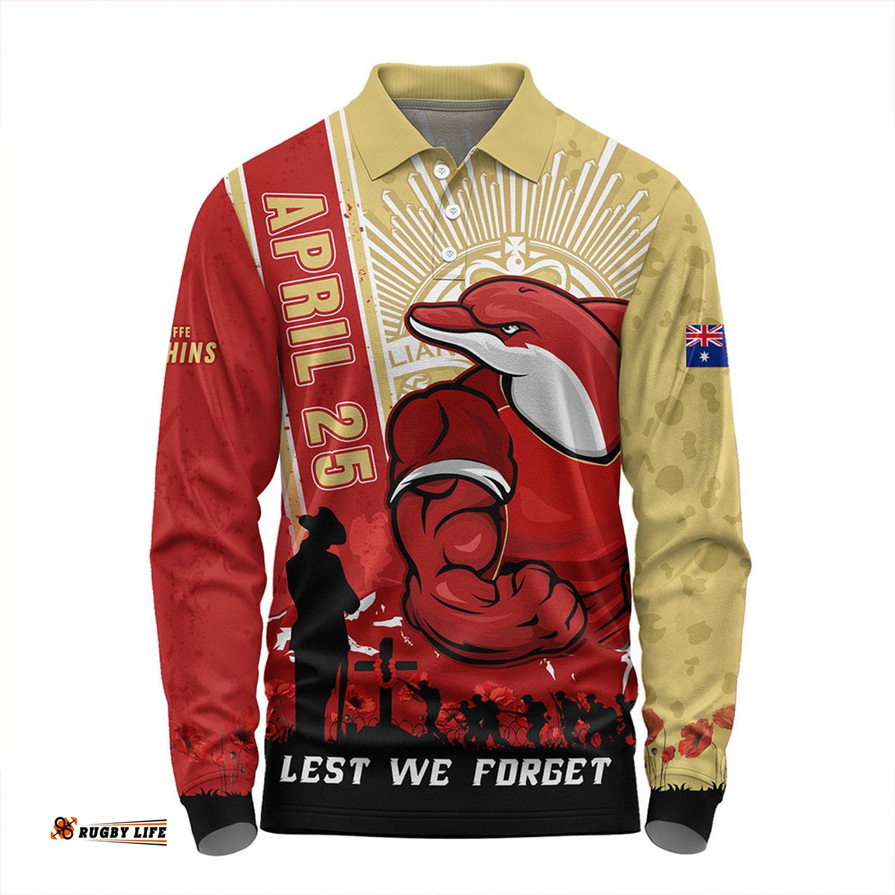Amazing Aussie Redcliffe Dolphins Anzac Day Lest We Forget Strong Fighting Spirit Long Sleeve Polo Shirt