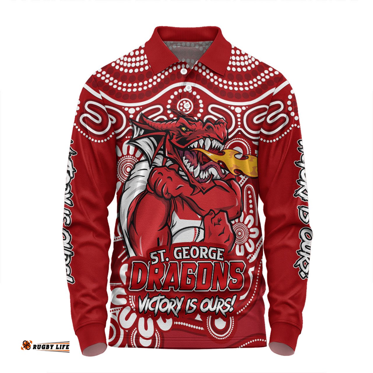 Amazing Aussie St. George Illawarra Dragons Aboriginal Inspired Tough Fan Rugby For Life Ver 2.0 Long Sleeve Polo Shirt