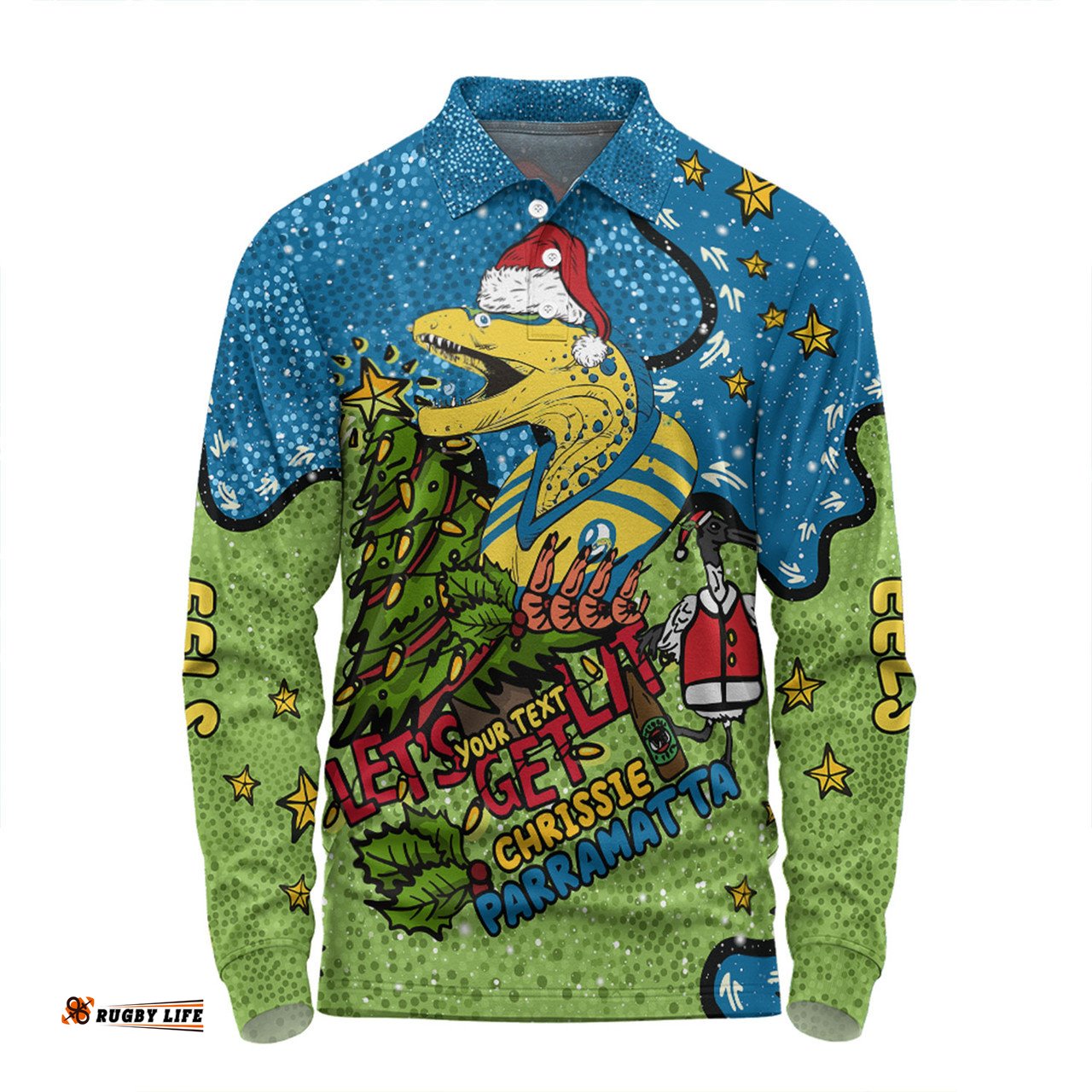 Amazing Aussie Parramatta Eels Christmas Custom Let's Get Lit Chrisse Pressie Long Sleeve Polo Shirt