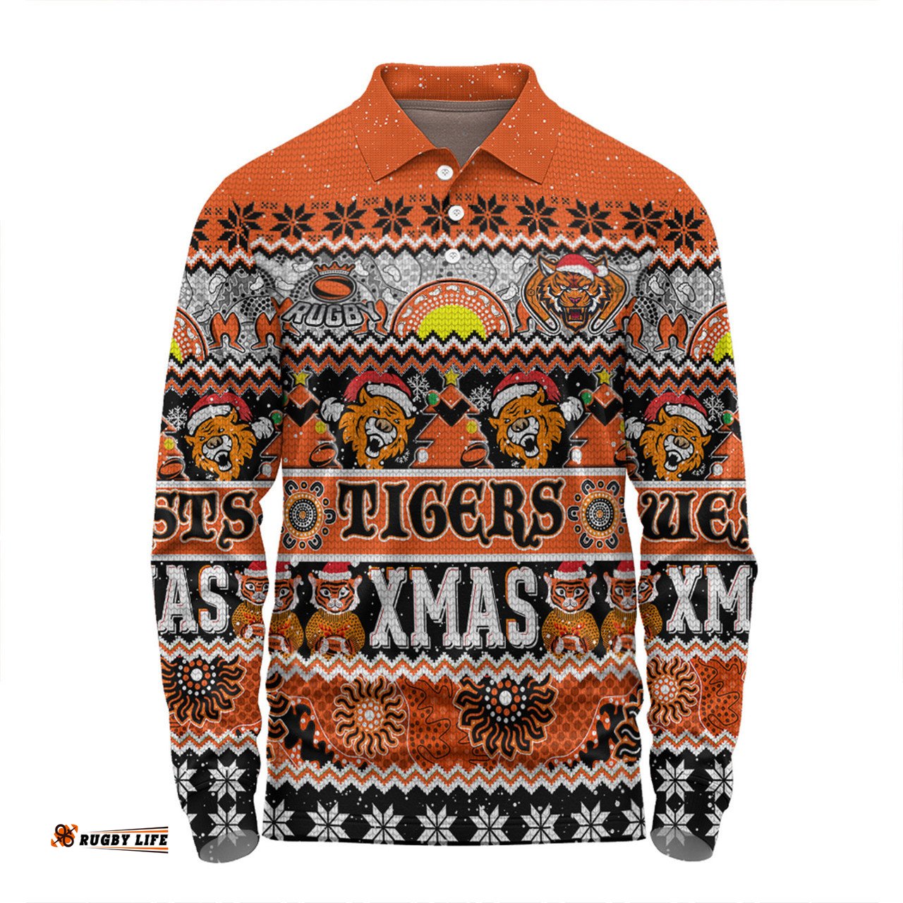 Amazing Aussie Wests Tigers Christmas Aboriginal Custom Indigenous Knitted Ugly Xmas Style Long Sleeve Polo Shirt