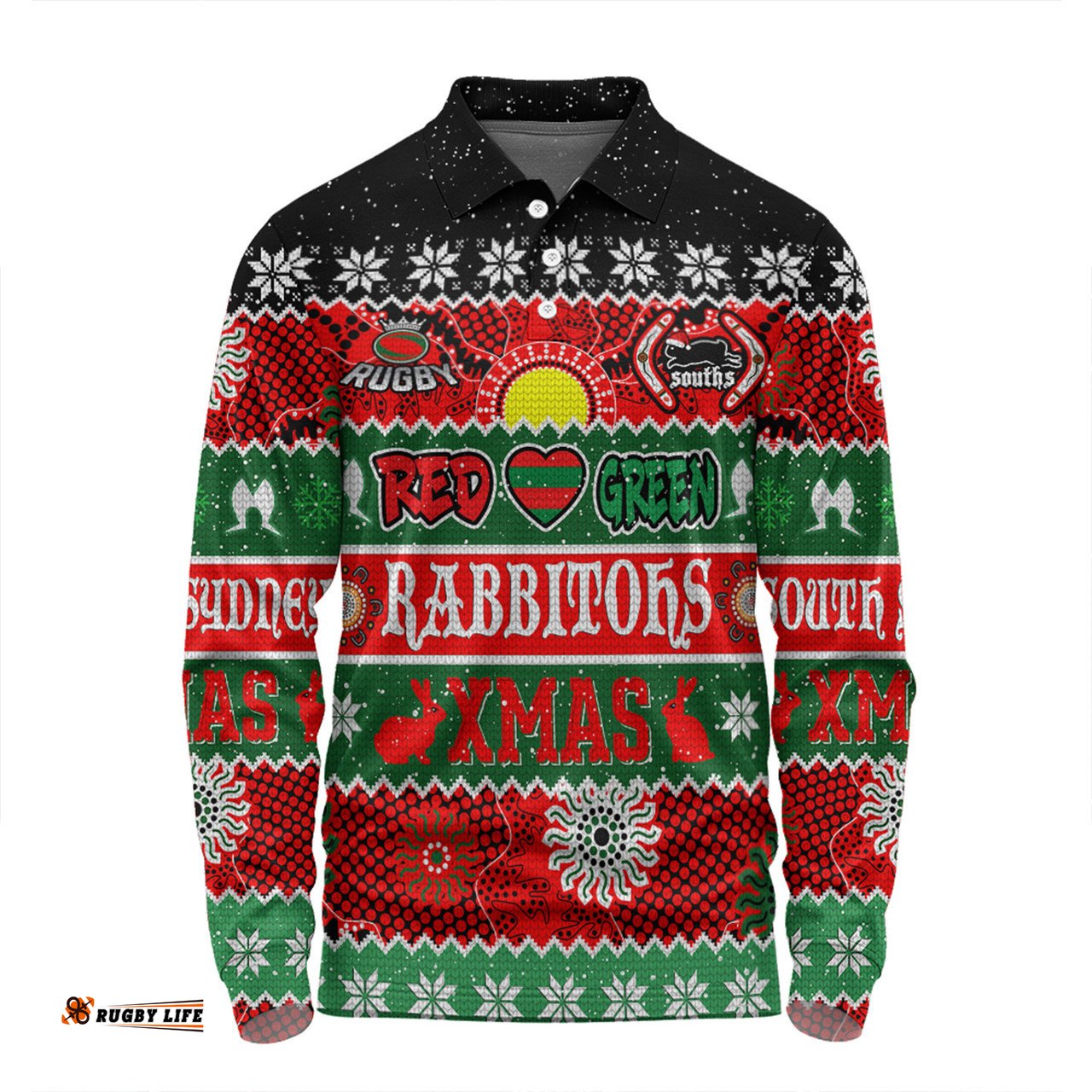 Amazing Aussie South Sydney Rabbitohs Aboriginal Custom Indigenous Knitted Ugly Xmas Style Long Sleeve Polo Shirt