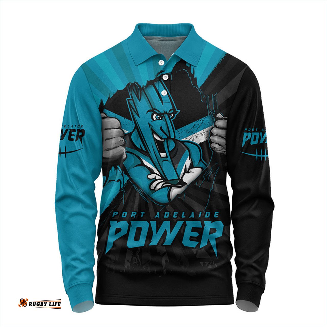 Amazing Aussie Port Adelaide Breaking Through Fan Design Long Sleeve Polo Shirt
