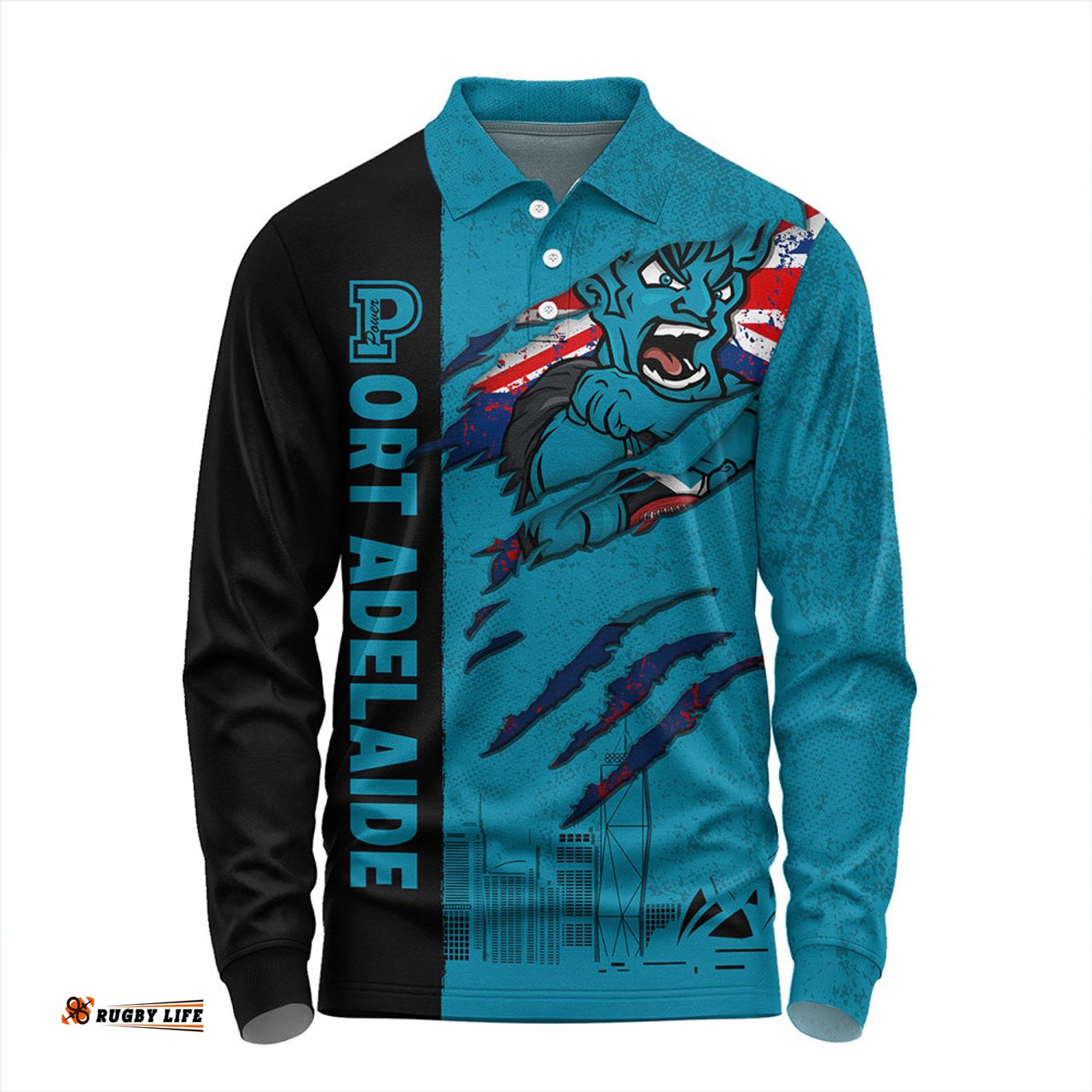 Amazing Aussie Port Adelaide Burning Passion Of Power Scratch Style Long Sleeve Polo Shirt