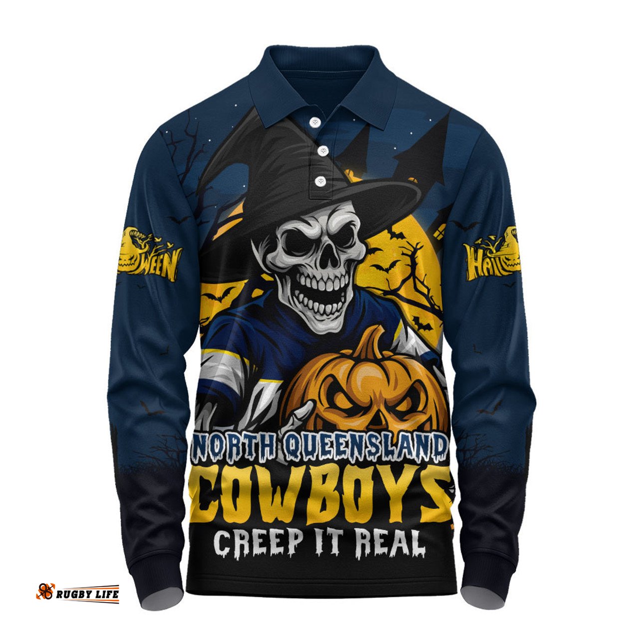 Amazing Aussie North Queensland Cowboys Dark Moon Rugby Halloween Battle Edition Long Sleeve Polo Shirt