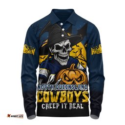 Amazing Aussie North Queensland Cowboys Dark Moon Rugby Halloween Battle Edition Long Sleeve Polo Shirt