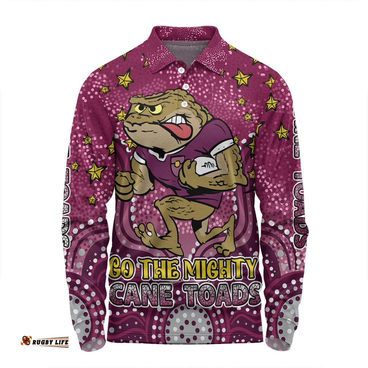 Amazing Aussie Queensland Cane Toads Custom Custom With Aboriginal Inspired Style Of Dot Painting Patterns  Long Sleeve Polo Shirt