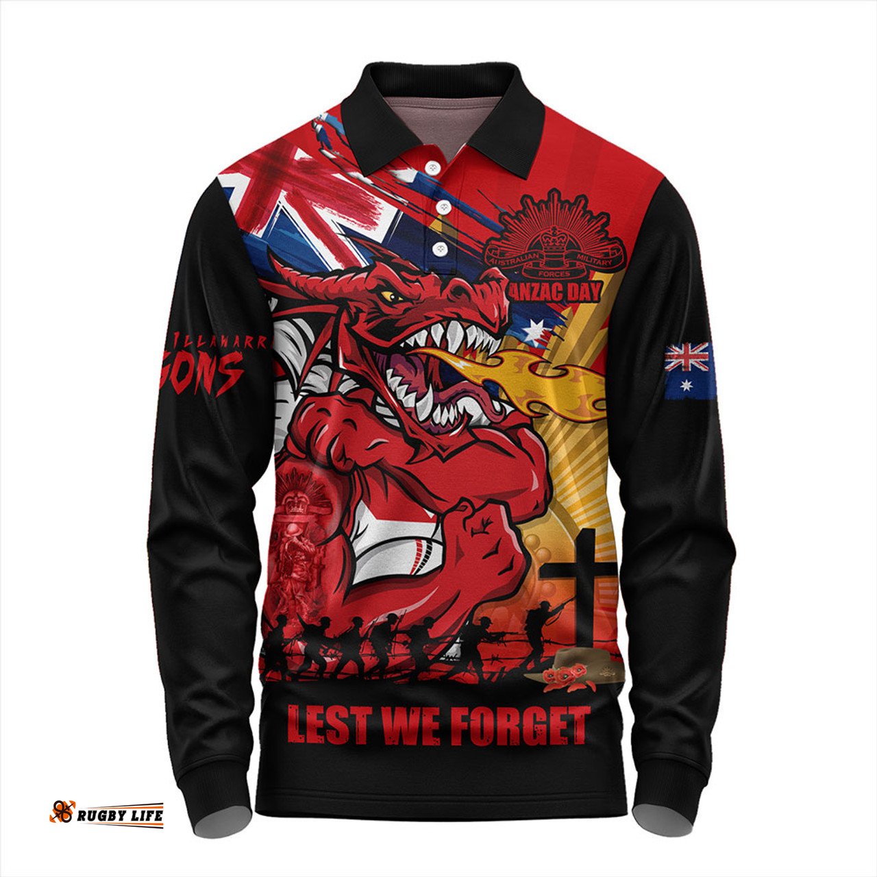 Amazing Aussie St. George Illawarra Dragons Fearless ANZAC Defender Long Sleeve Polo Shirt