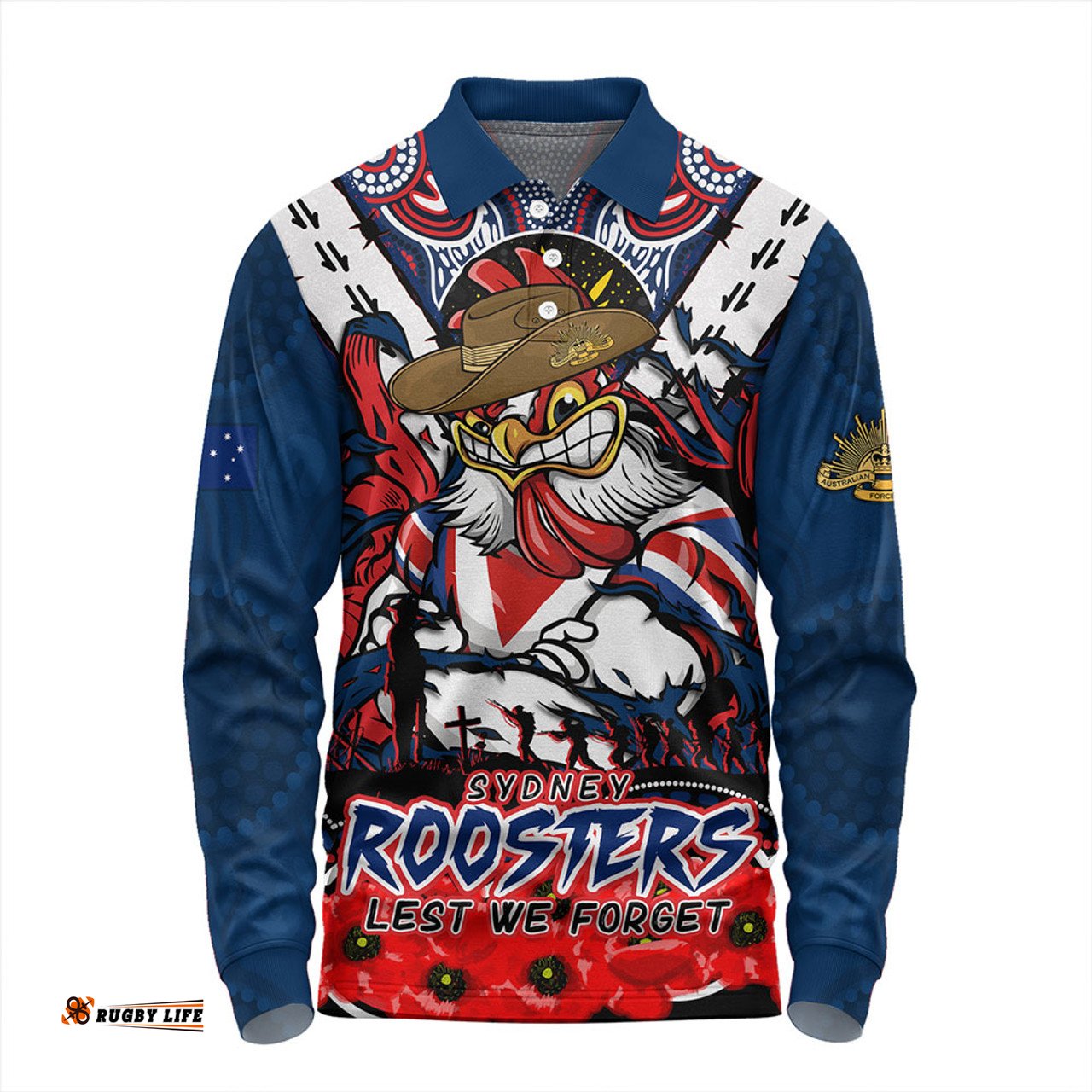 Amazing Aussie Sydney Roosters Ripped Legacy Of The Game The ANZAC Spirit Lives On Long Sleeve Polo Shirt
