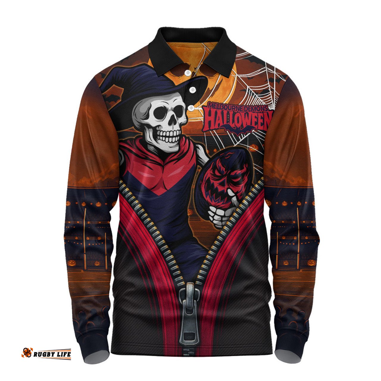 Amazing Aussie Melbourne Halloween Night Reaper Zipper Long Sleeve Polo Shirt