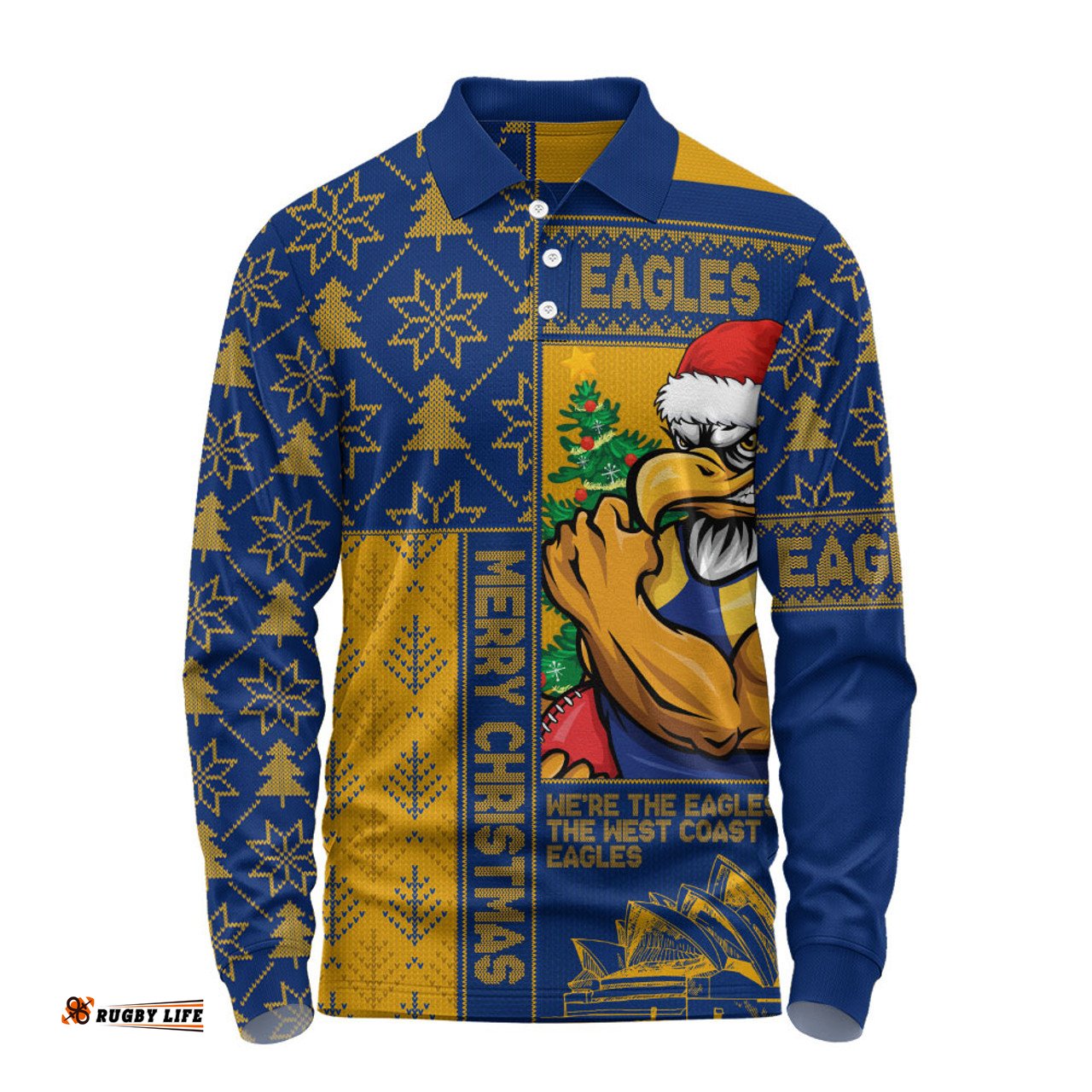 Amazing Aussie West Coast Eagles Merry Christmas Knit Style Festive Spirit Long Sleeve Polo Shirt