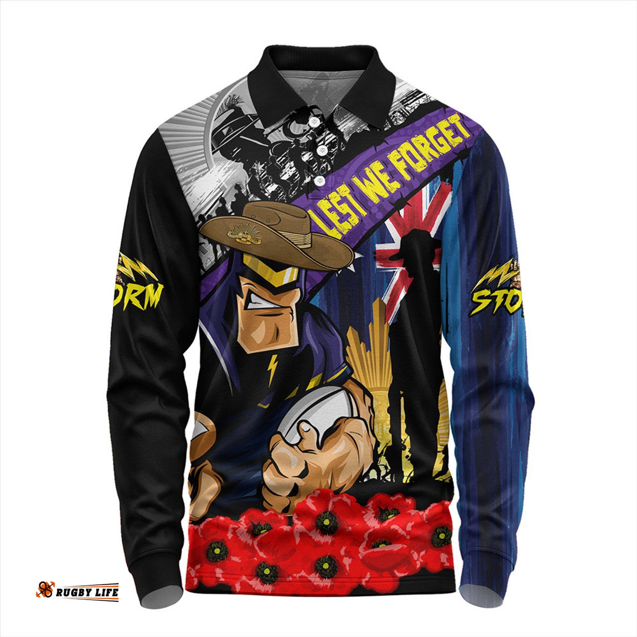 Amazing Aussie Melbourne Storm United In Spirit Anzac Day Tribute Long Sleeve Polo Shirt