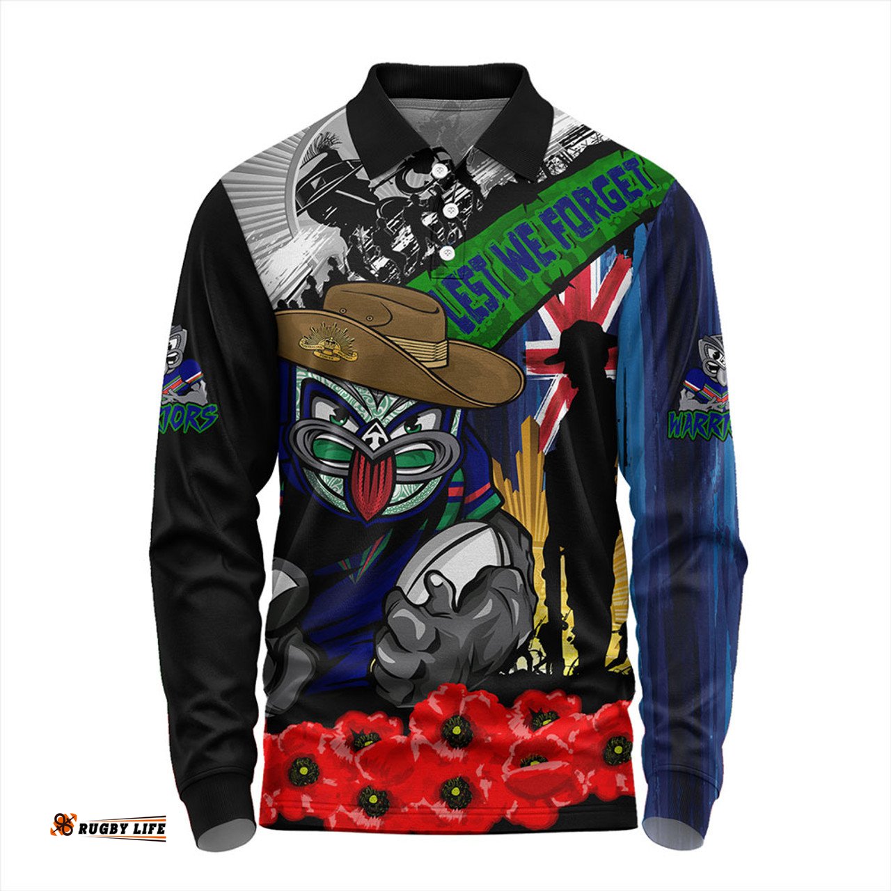 Amazing Aussie New Zealand Warriors United In Spirit Anzac Day Tribute Long Sleeve Polo Shirt