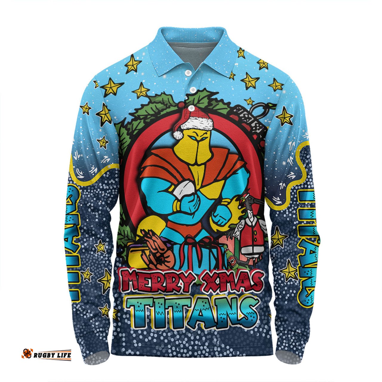 Amazing Aussie Gold Coast Titans Christmas Custom Merry Christmas Our Beloved Team With Aboriginal Dot Art Pattern Long Sleeve Polo Shirt
