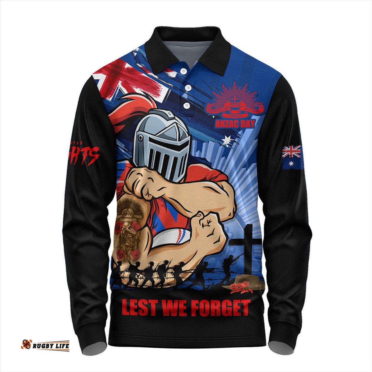 Amazing Aussie Newcastle Knights Fearless ANZAC Defender Long Sleeve Polo Shirt