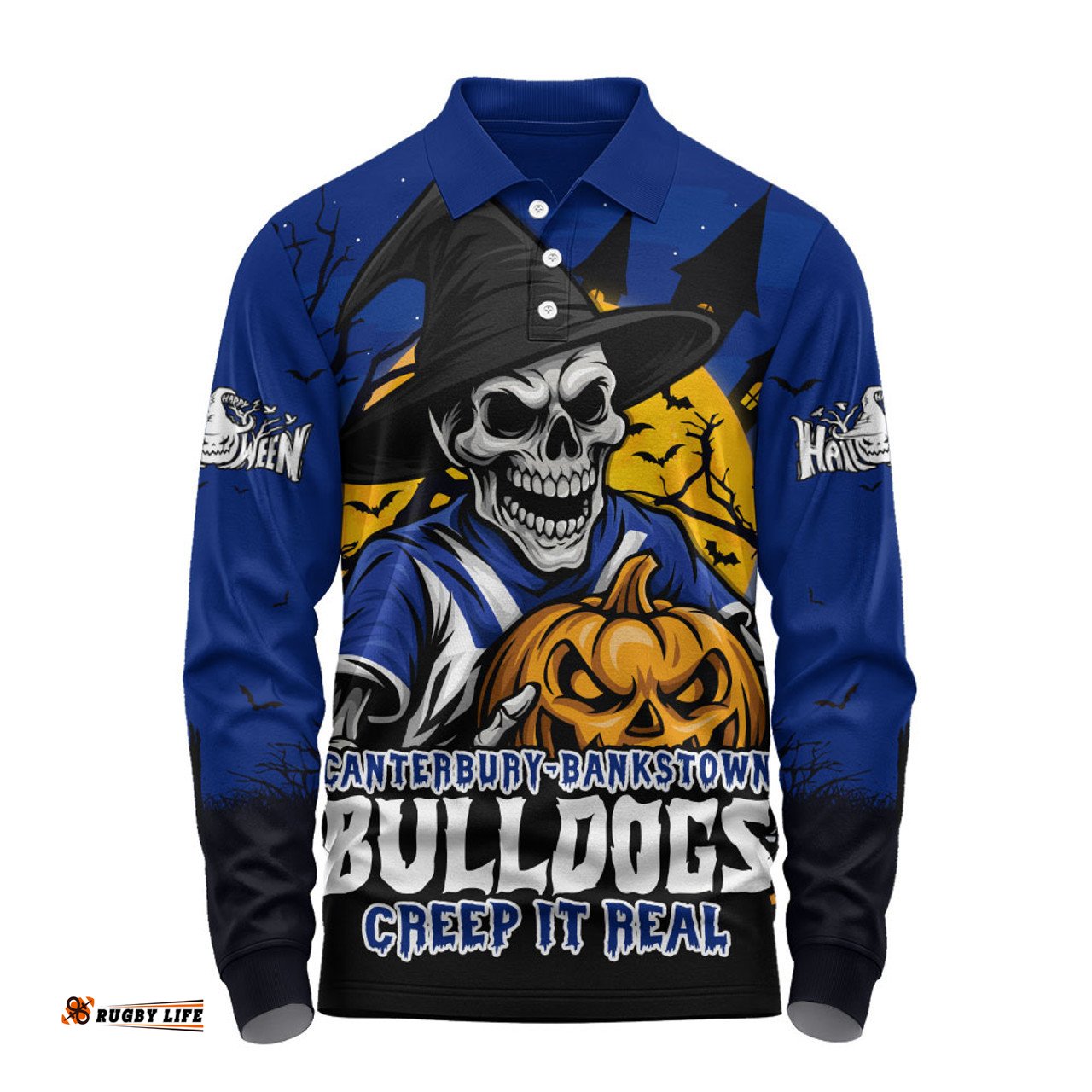 Amazing Aussie Canterbury Bankstown Bulldogs Dark Moon Rugby Halloween Battle Edition Long Sleeve Polo Shirt