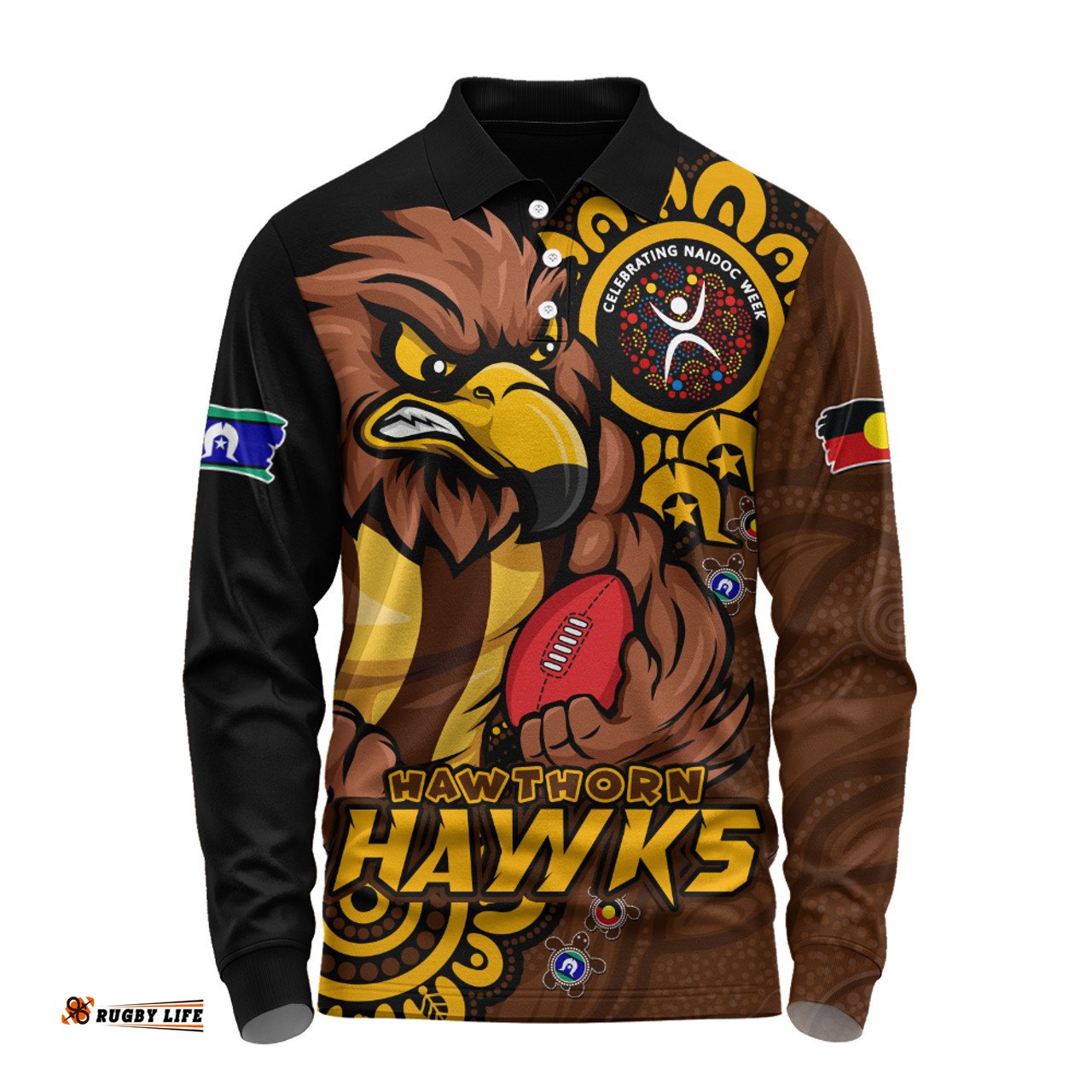 Amazing Aussie Hawthorn Power Through Generations NAIDOC Edition Long Sleeve Polo Shirt