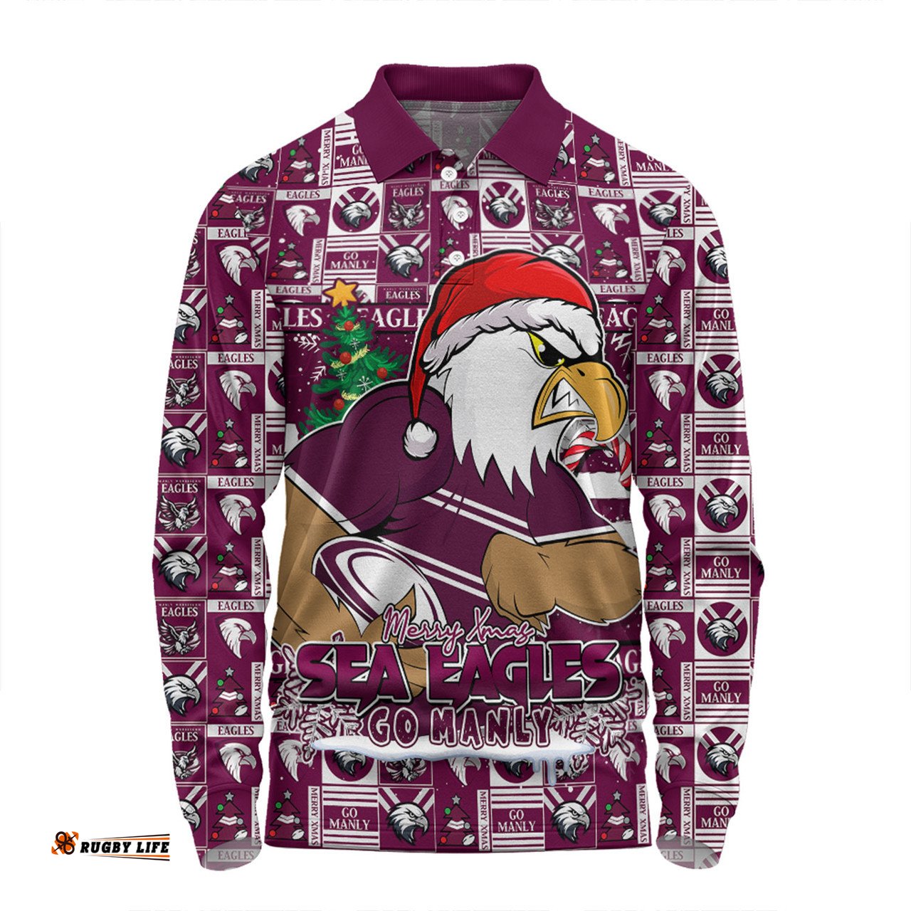 Amazing Aussie Manly Warringah Sea Eagles Merry Ugly Christmas Comic Style Long Sleeve Polo Shirt