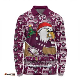 Amazing Aussie Manly Warringah Sea Eagles Merry Ugly Christmas Comic Style Long Sleeve Polo Shirt