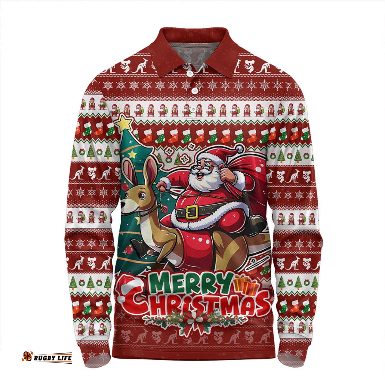 Amazing Aussie Australia Merry Christmas, Santa Claus Riding A Kangaroo Long Sleeve Polo Shirt