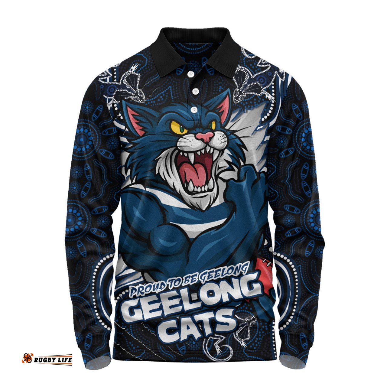 Amazing Aussie Geelong Cats Spirit Warriors Of The Game Long Sleeve Polo Shirt