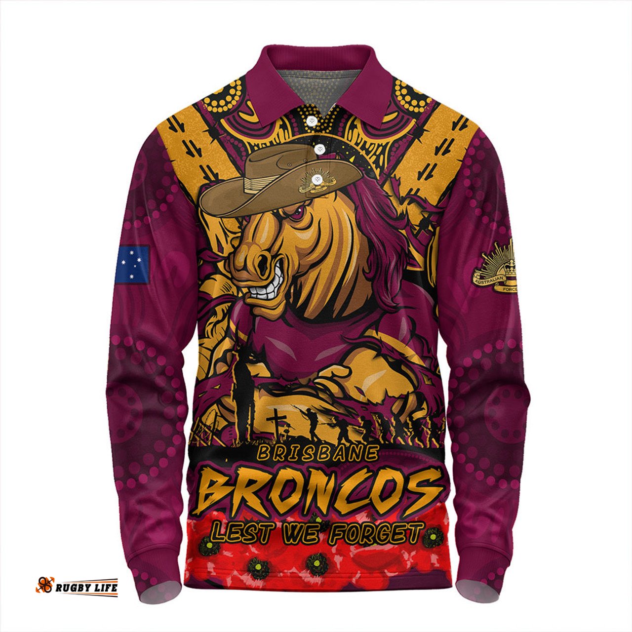 Amazing Aussie Brisbane Broncos Ripped Legacy Of The Game The ANZAC Spirit Lives On Long Sleeve Polo Shirt