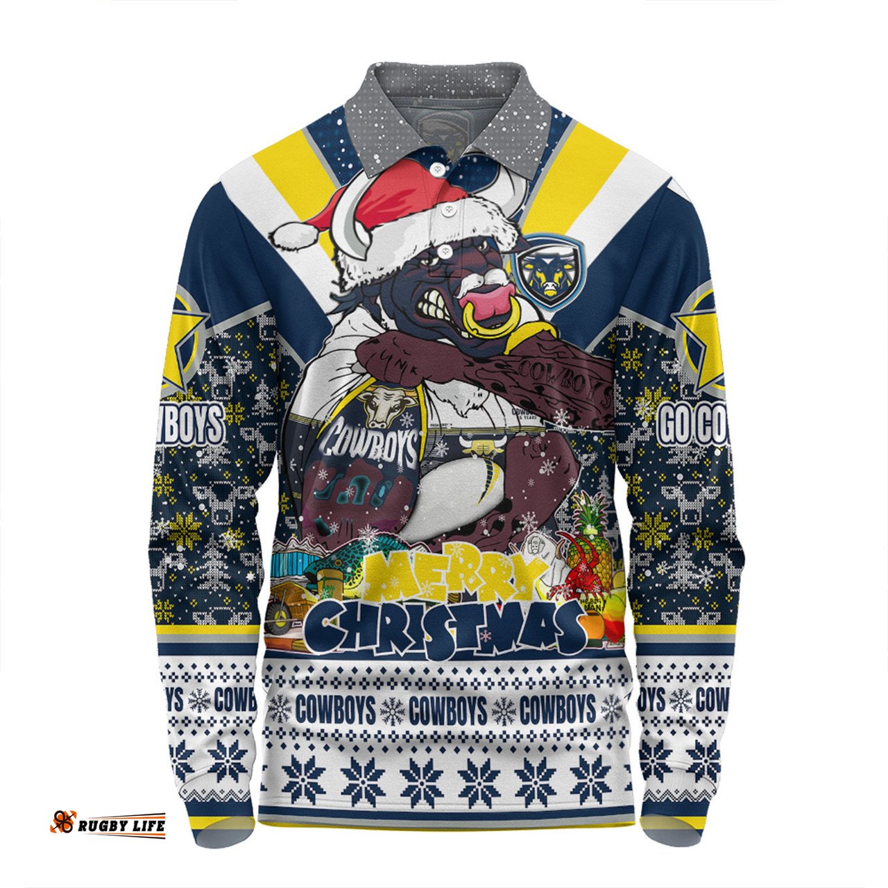 Amazing Aussie North Queensland Cowboys Christmas Custom North Queensland Cowboys Santa Aussie Big Things Long Sleeve Polo Shirt