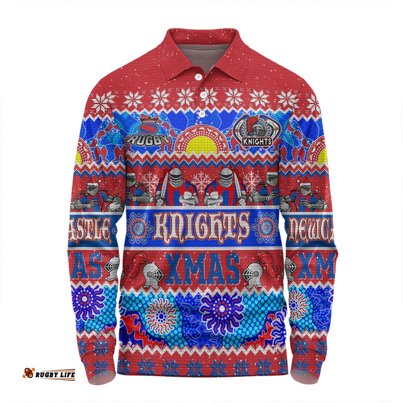 Amazing Aussie Newcastle Knights Christmas Aboriginal Custom Indigenous Knitted Ugly Xmas Style Long Sleeve Polo Shirt