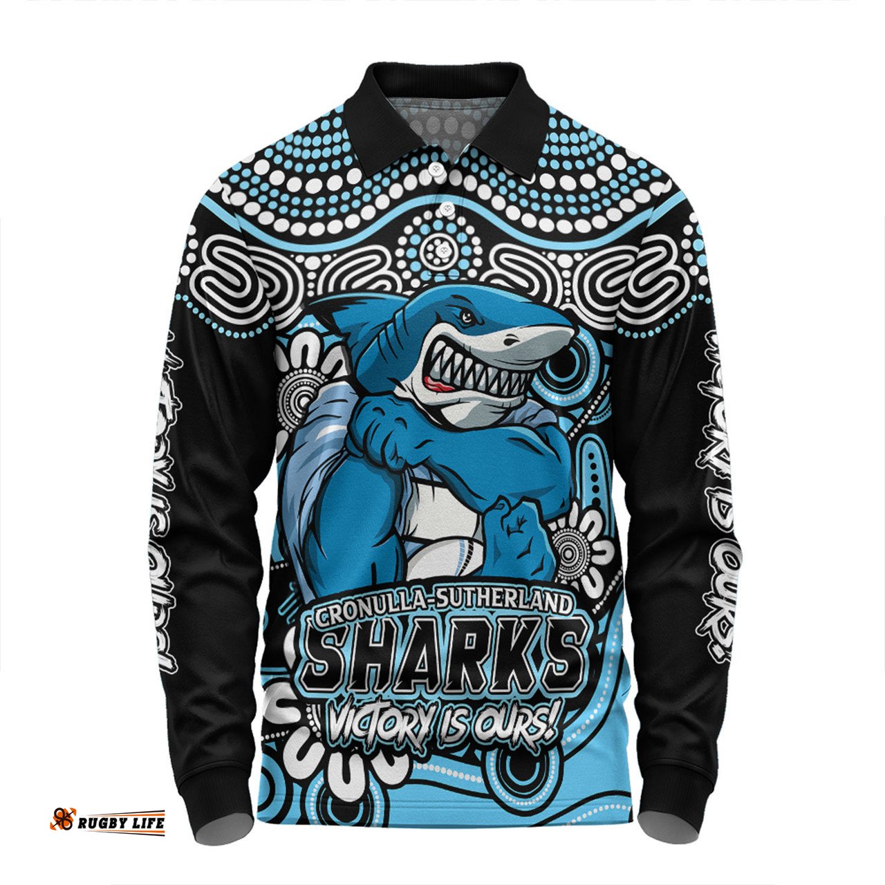 Amazing Aussie Cronulla Sutherland Sharks Aboriginal Inspired Tough Fan Rugby For Life Long Sleeve Polo Shirt