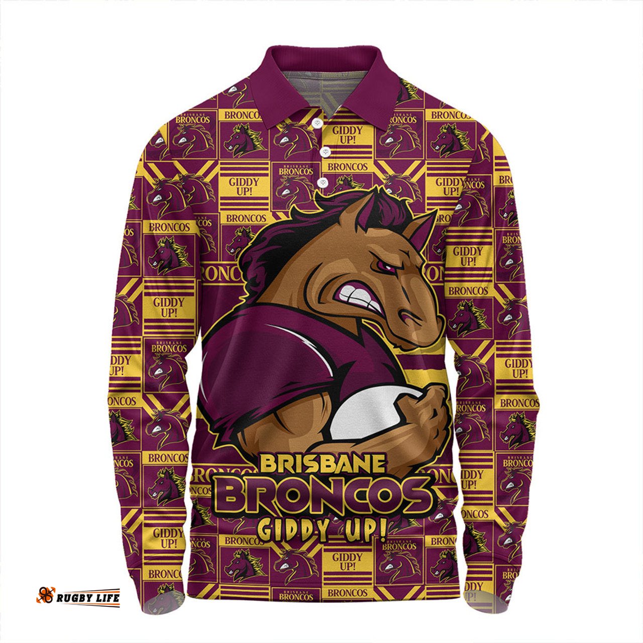 Amazing Aussie Brisbane Broncos Champion���s Pride Comic Style Long Sleeve Polo Shirt