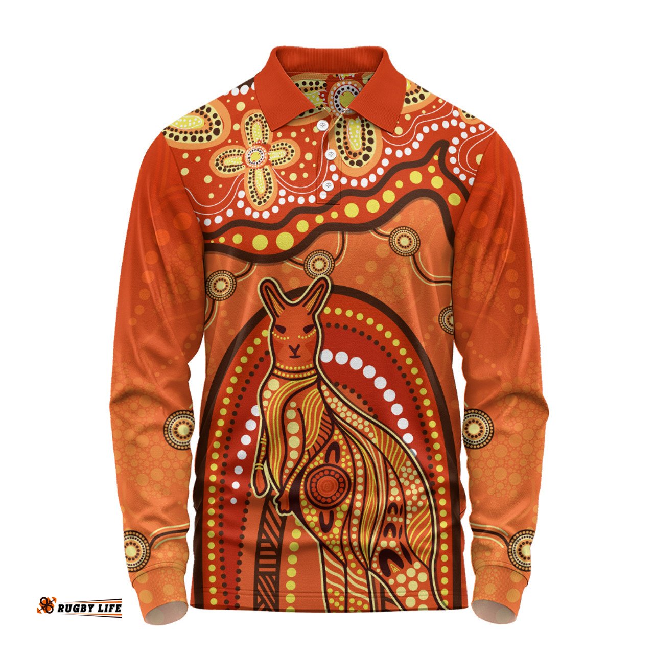 Amazing Aussie Indigenous Australian Aboriginal Kangaroo Dreaming Outback Spirit Edition Orange Long Sleeve Polo Shirt