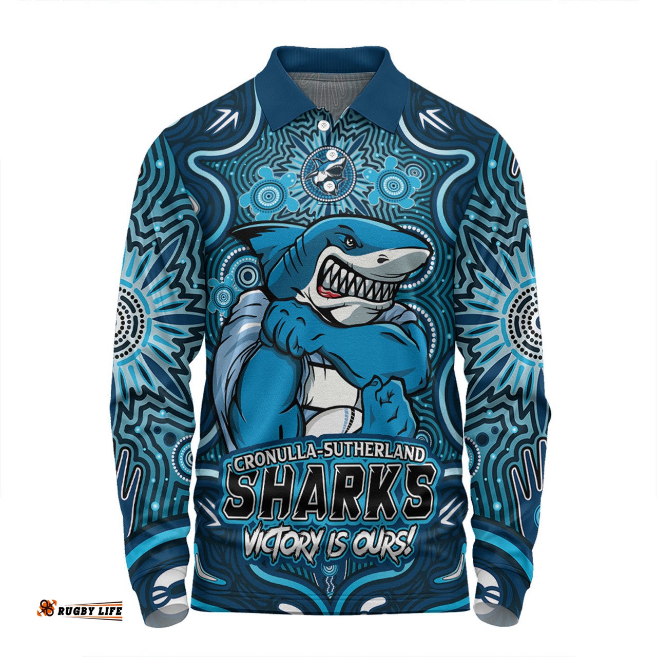 Amazing Aussie Cronulla Sutherland Sharks Aboriginal Pattern Inspired Victory Is Ours Long Sleeve Polo Shirt