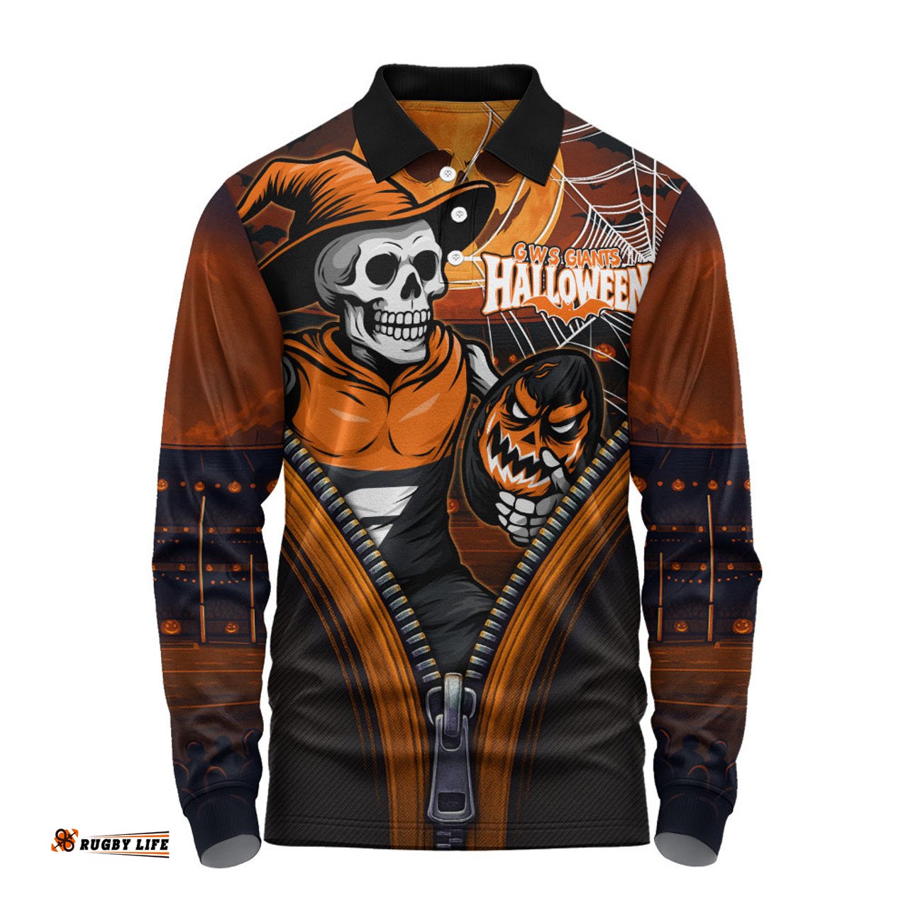 Amazing Aussie GWS GIANTS Halloween Night Reaper Zipper Long Sleeve Polo Shirt