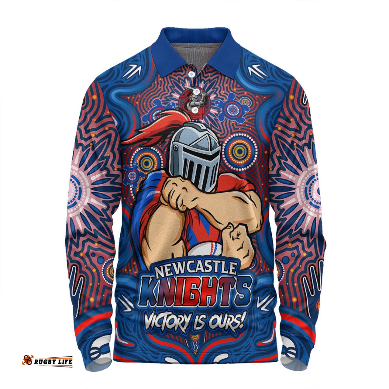 Amazing Aussie Newcastle Knights Aboriginal Pattern Inspired Victory Is Ours Long Sleeve Polo Shirt