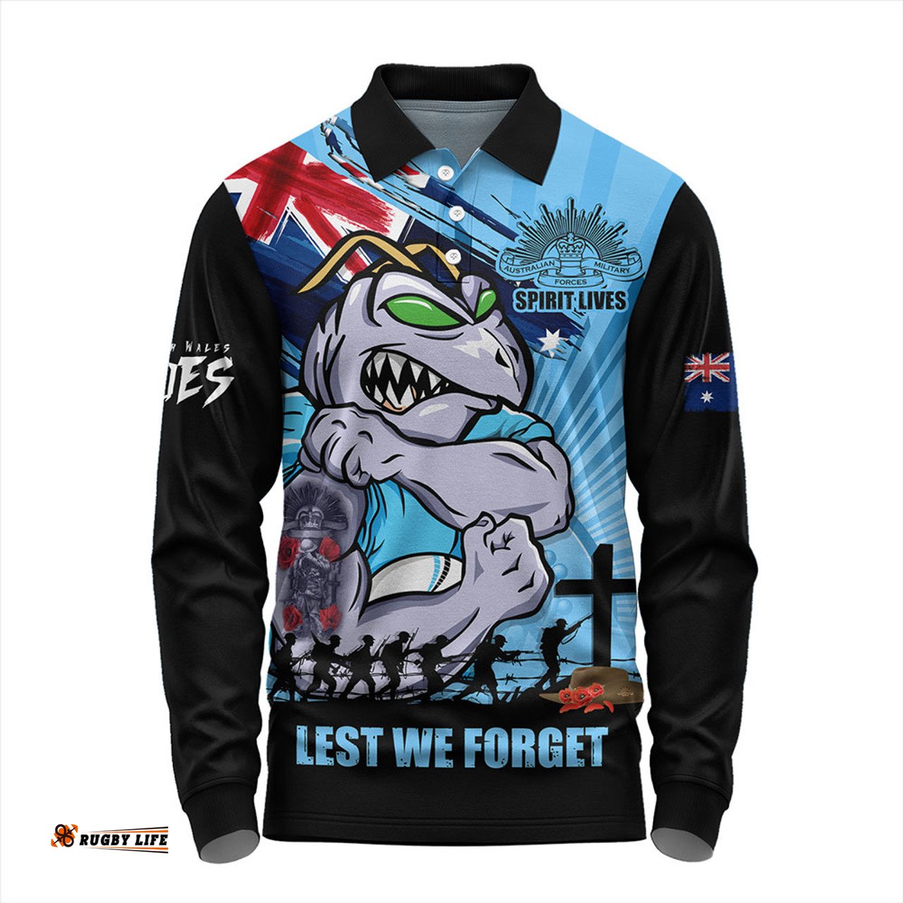 Amazing Aussie New South Wales Blues Fearless ANZAC Defender Long Sleeve Polo Shirt