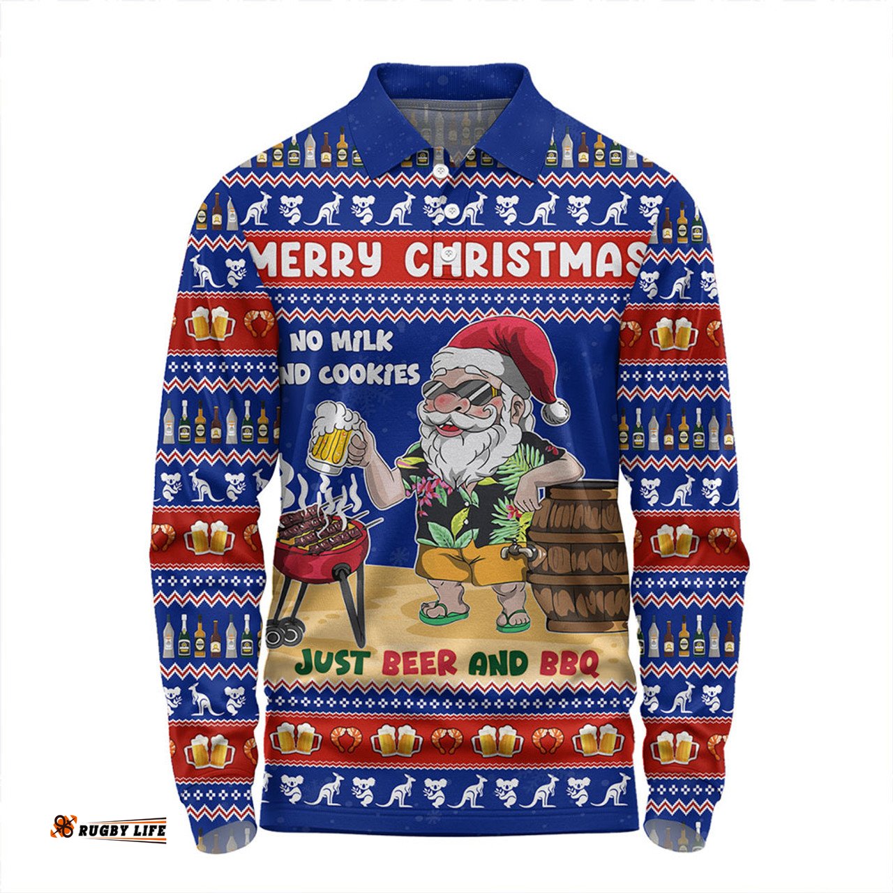 Amazing Aussie Australia Merry Christmas, Grilling Santa With Barbecue And Beer Long Sleeve Polo Shirt