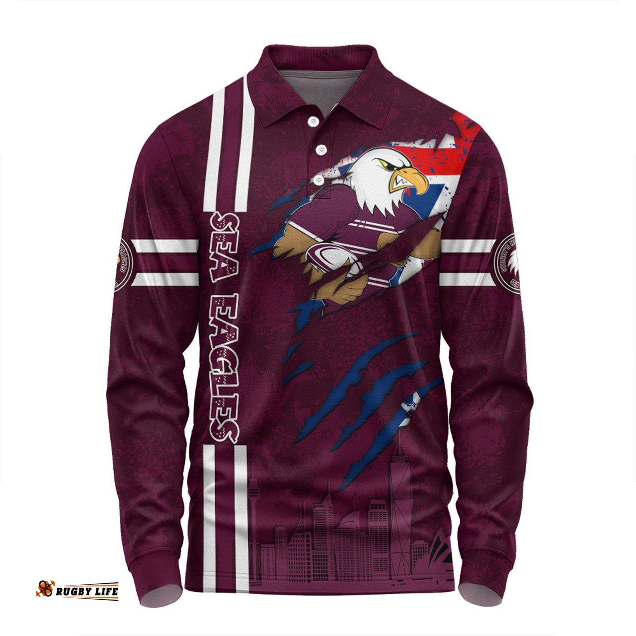 Amazing Aussie Manly Warringah Sea Eagles Happy Australia Day Flag Scratch Style Long Sleeve Polo Shirt